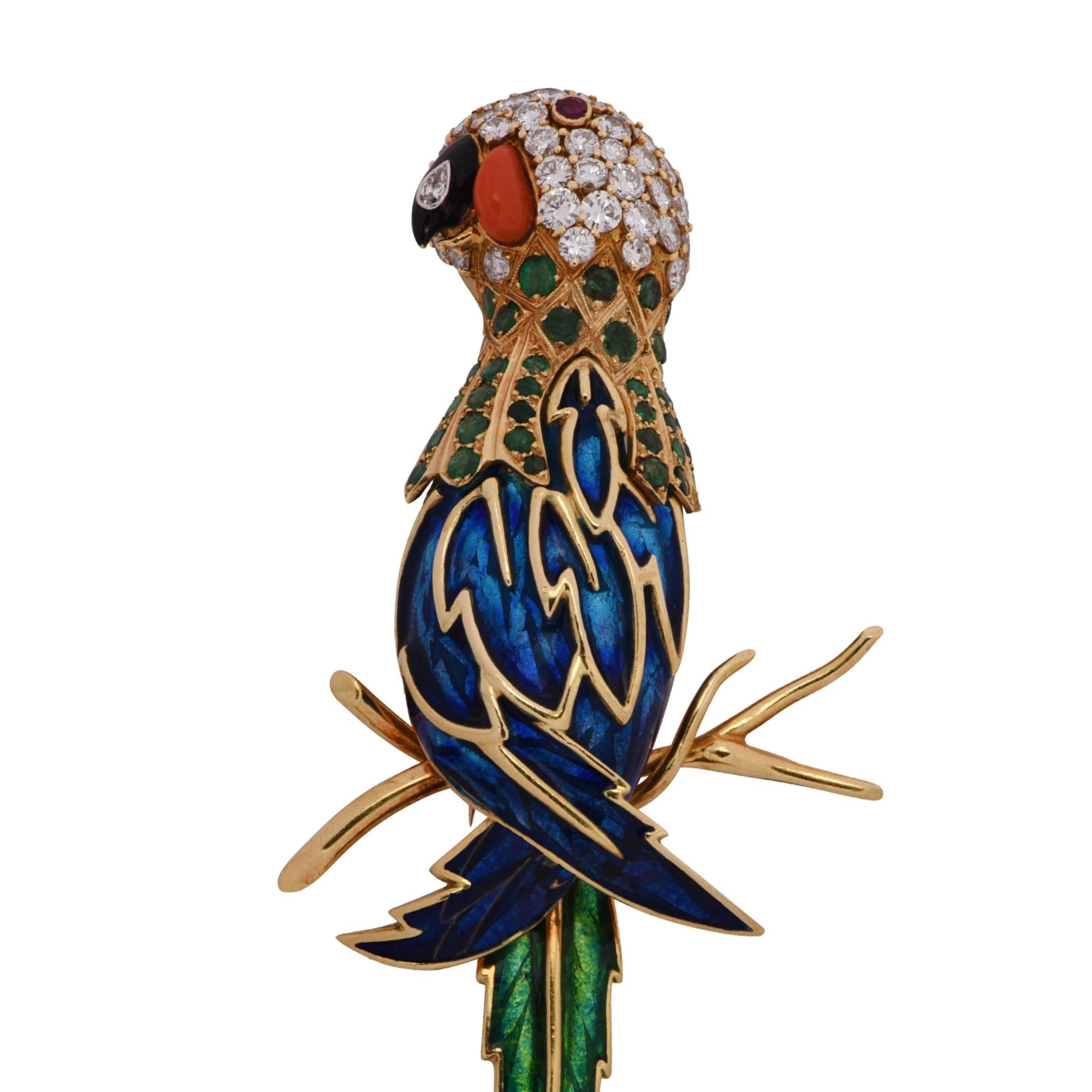 Round Cut Diamond, Emerald, Coral and Enamel Parrot Brooch Pin