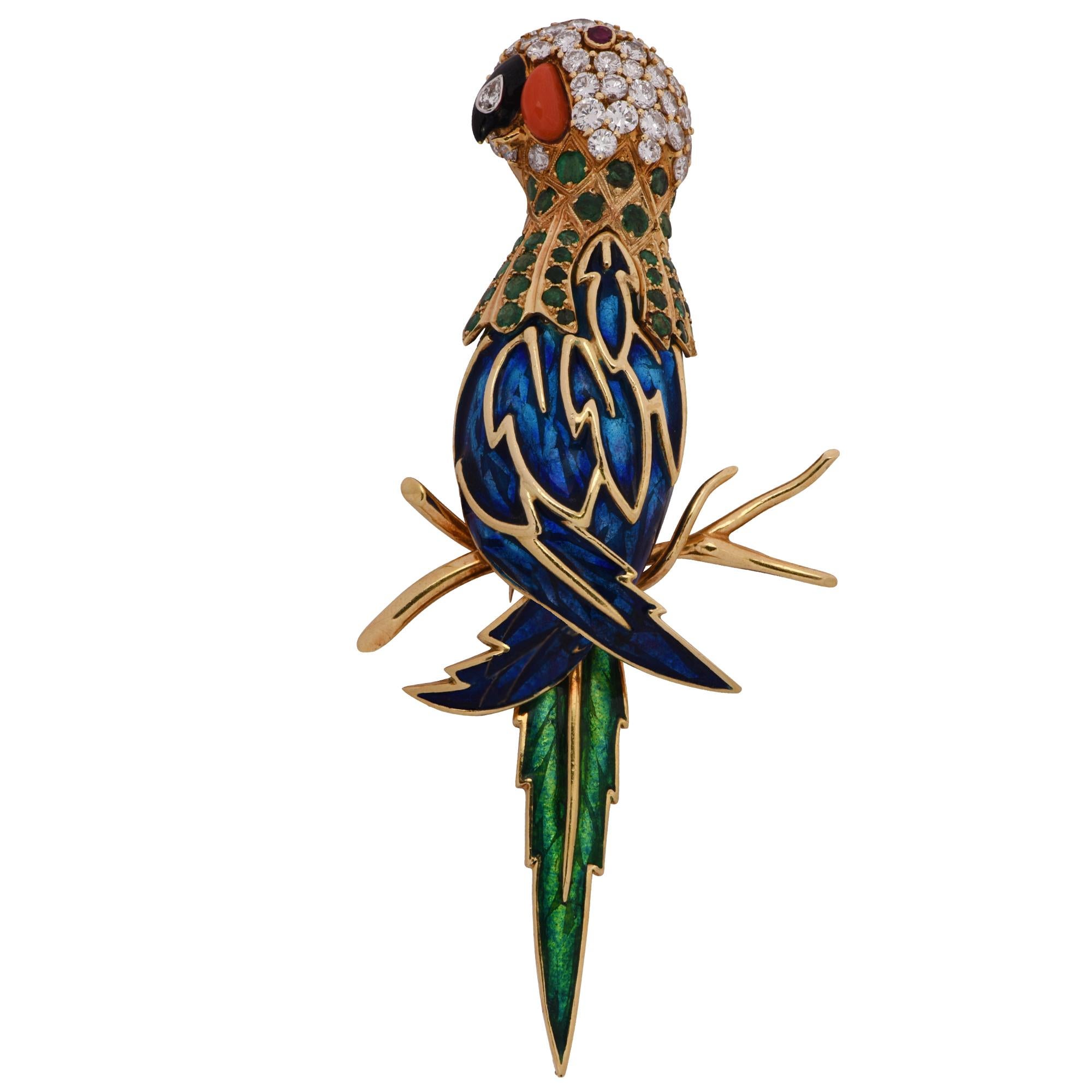 Diamond, Emerald, Coral and Enamel Parrot Brooch Pin