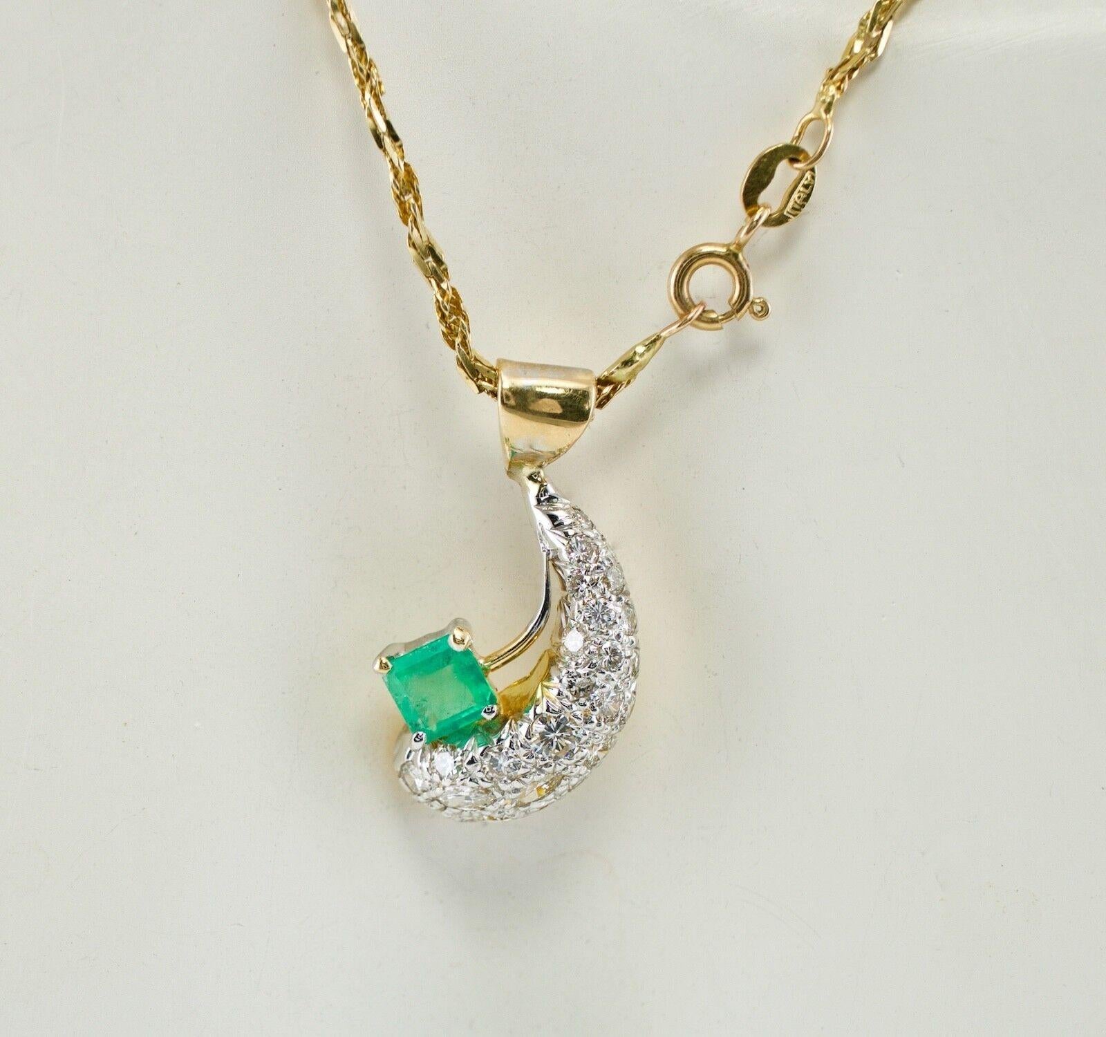 Diamond Emerald Crescent Pendant Necklace 18K Gold

This beautiful vintage pendant is finely crafted in solid 18K Yellow Gold (carefully tested and guaranteed), and set with natural Emerald and diamonds. The square-cut emerald measures 6x6mm (.92