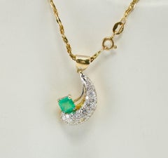 Diamond Emerald Crescent Pendant Necklace 18K Gold