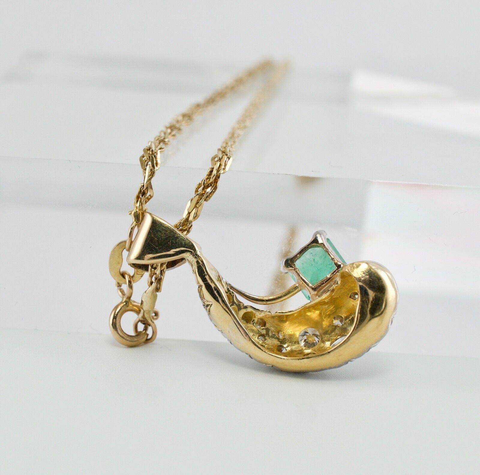 Mixed Cut Diamond Emerald Crescent Pendant Necklace 18K Gold