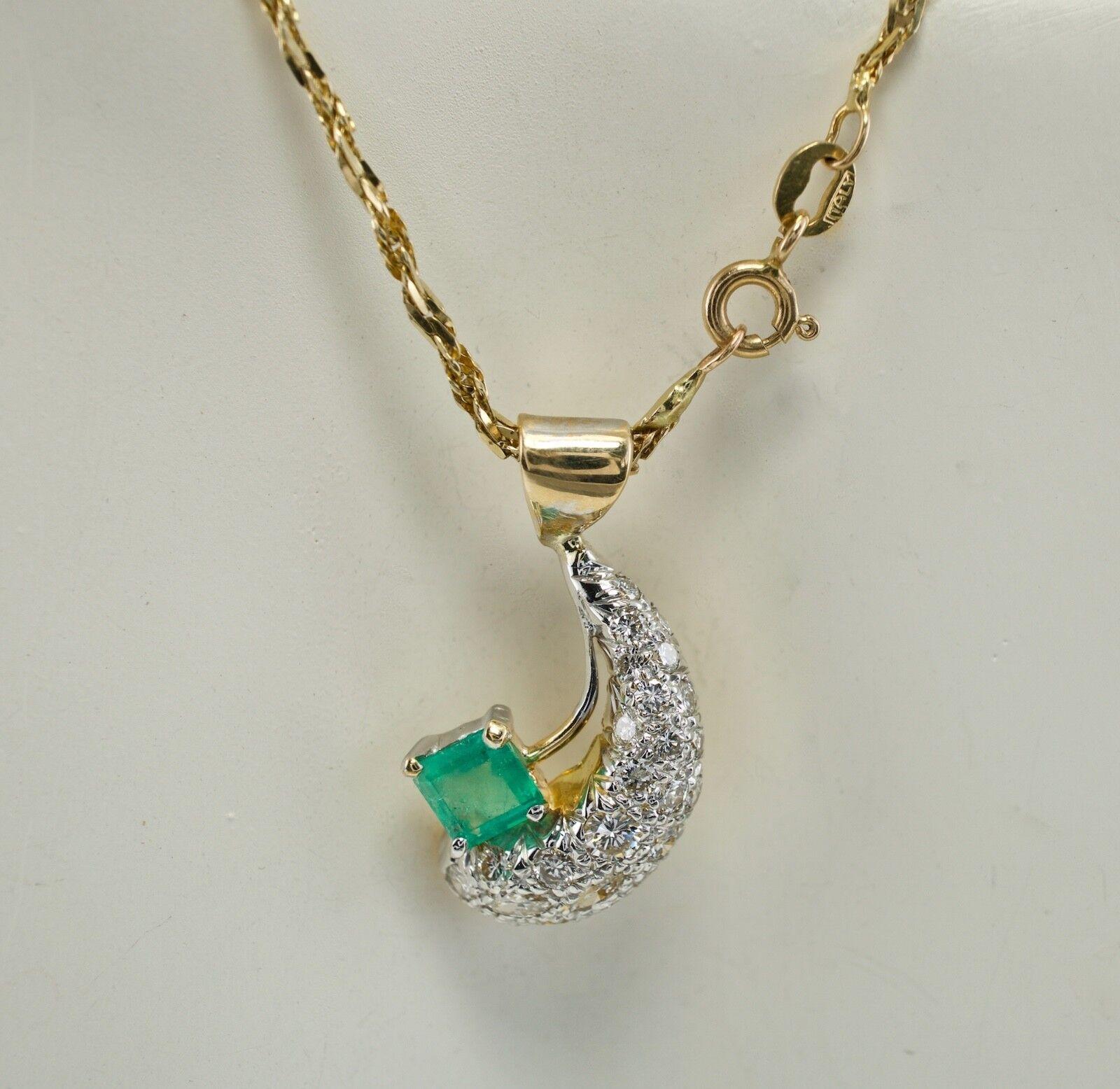 Women's Diamond Emerald Crescent Pendant Necklace 18K Gold