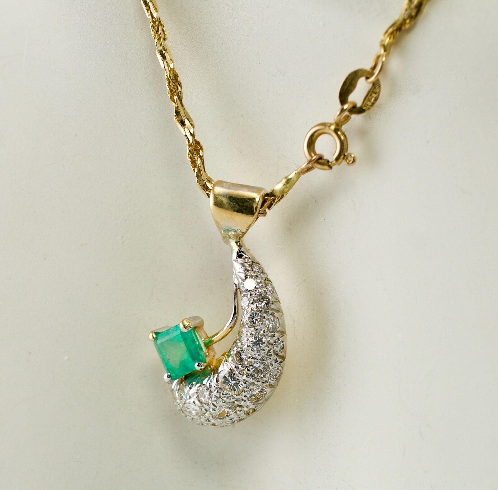 Diamond Emerald Crescent Pendant Necklace 18K Gold 1