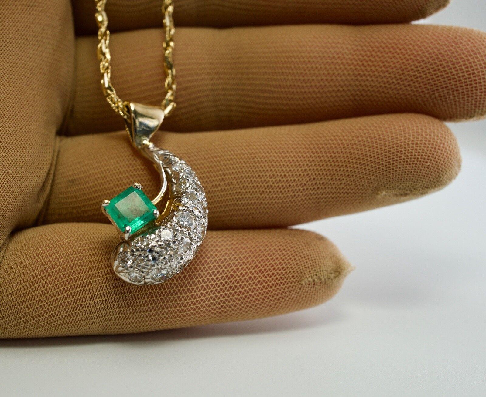 Diamond Emerald Crescent Pendant Necklace 18K Gold 2