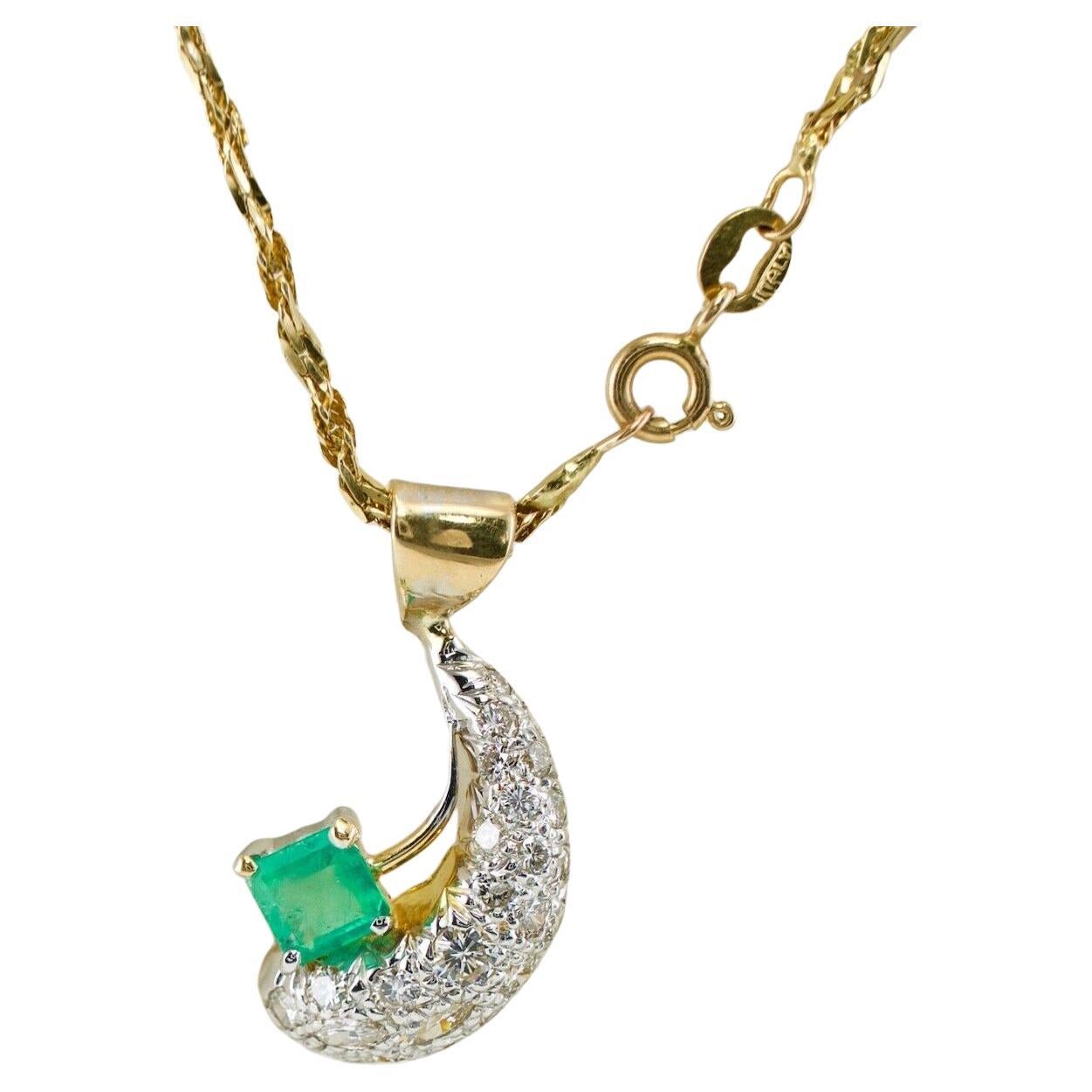 Diamond Emerald Crescent Pendant Necklace 18K Gold