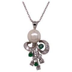 Diamond Emerald Cultured Pearl 14 Karat White Gold Vintage Pendant Necklace