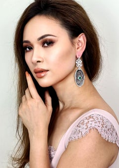 Diamond, Emerald and Curved Jade Drop Earrings/Pendant in 18 Karat White Gold