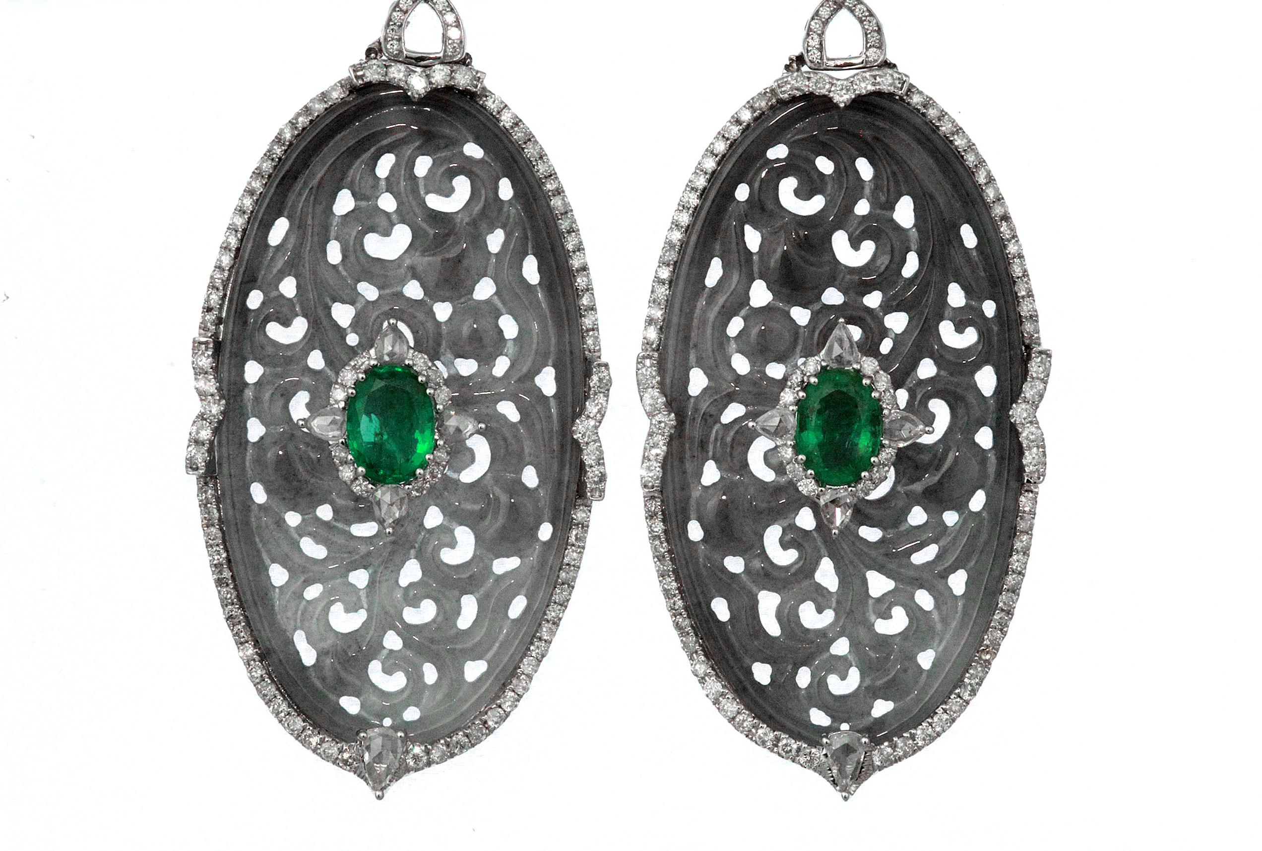 Modern Diamond, Emerald and Curved Jade Drop Earrings/Pendant in 18 Karat White Gold For Sale