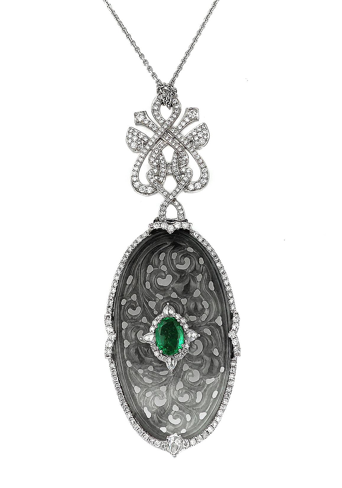 Brilliant Cut Diamond, Emerald and Curved Jade Drop Earrings/Pendant in 18 Karat White Gold For Sale