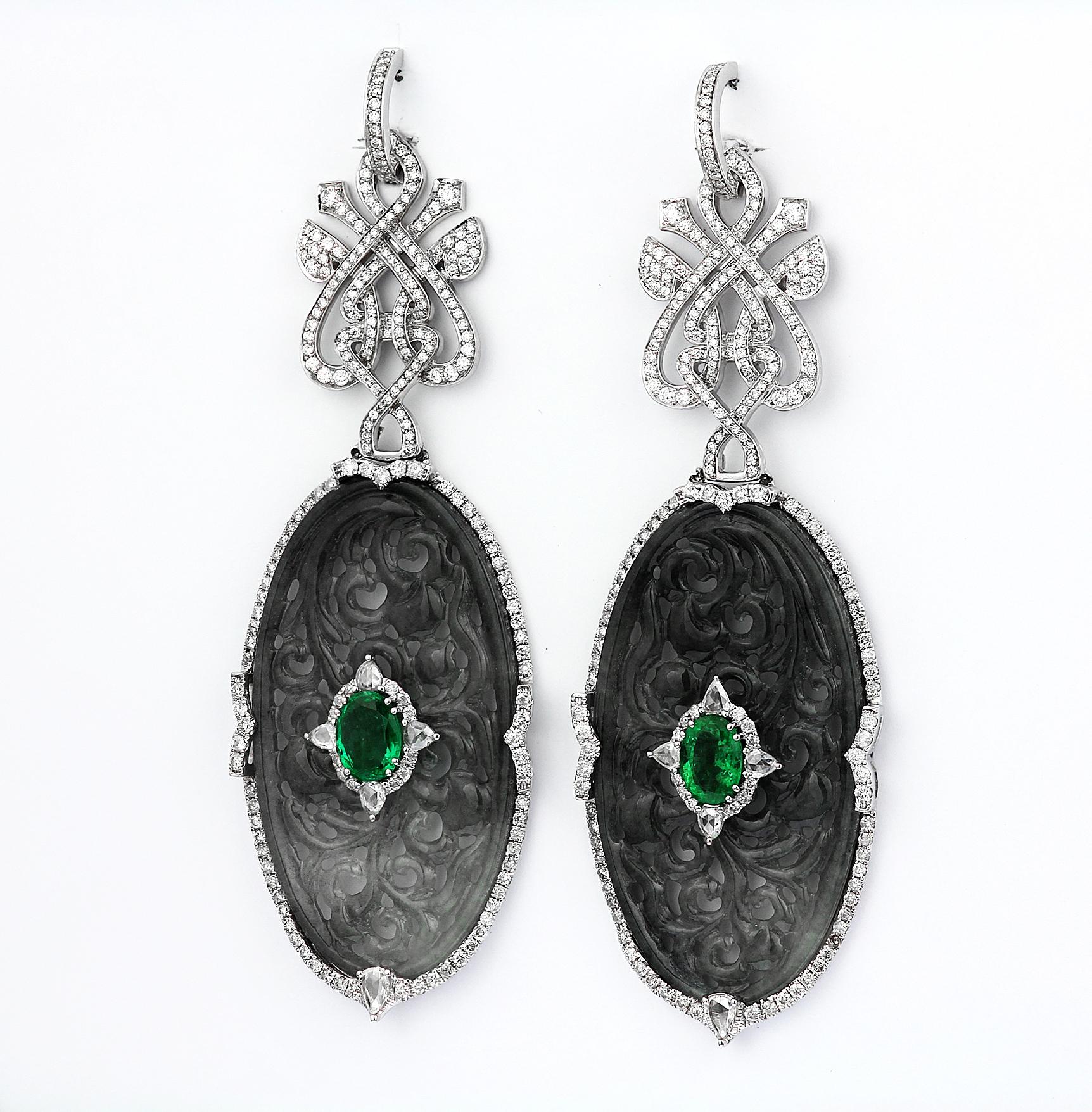 Diamond, Emerald and Curved Jade Drop Earrings/Pendant in 18 Karat White Gold In Excellent Condition For Sale In London, GB