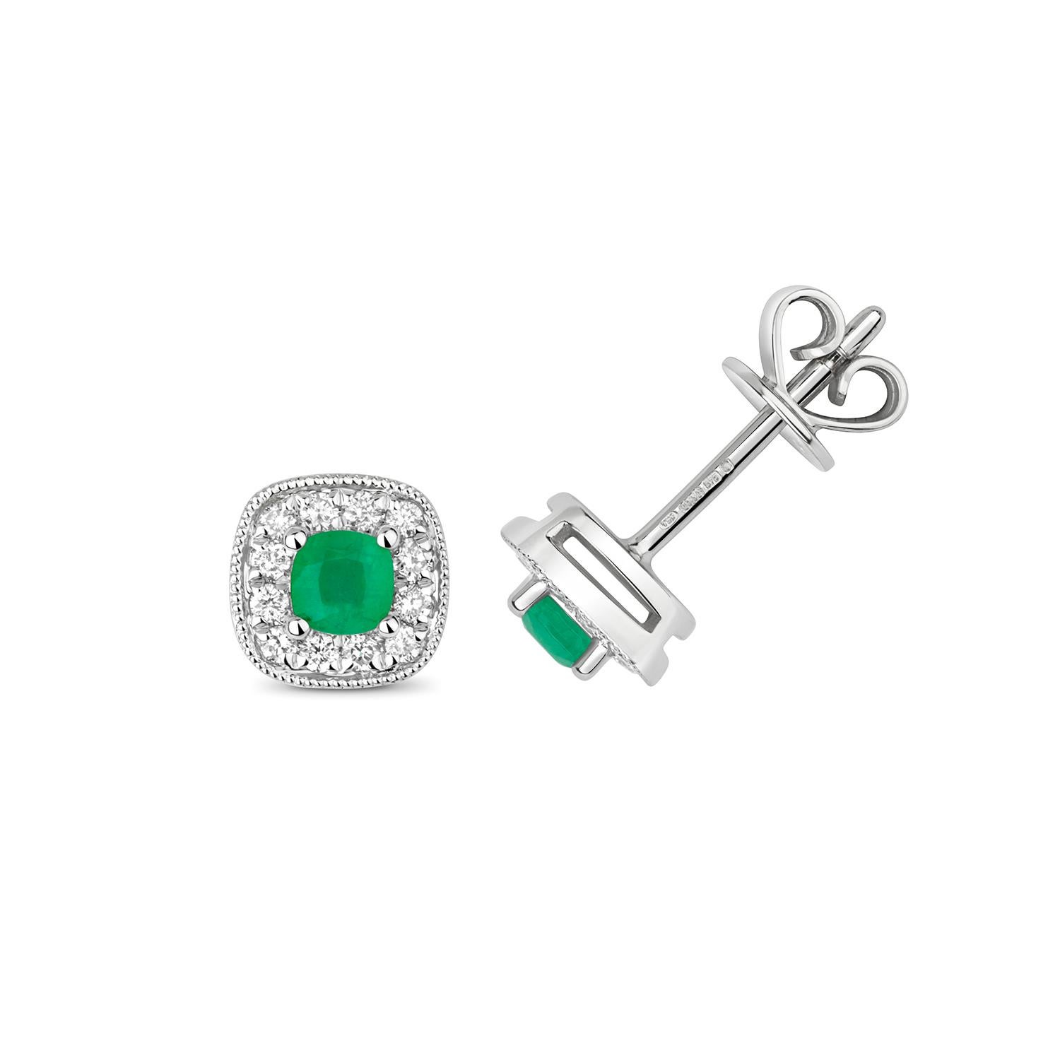 DIAMOND & EMERALD CUSHION CLUSTER STUDS IN 9CT WHITE Gold In New Condition For Sale In Ilford, GB