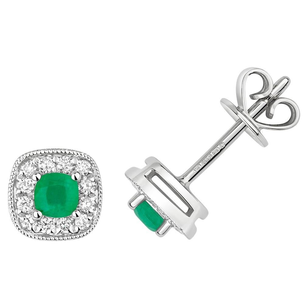 DIAMOND & EMERALD CUSHION CLUSTER STUDS IN 9CT WHITE Gold