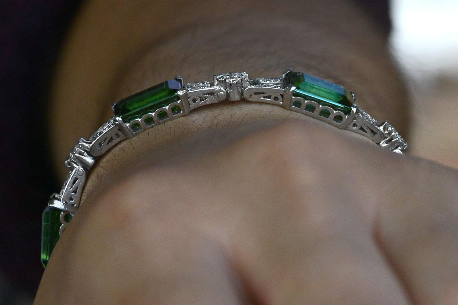 Emerald Cut Art Deco Green Tourmaline Bracelet Platinum Diamonds Over 33 Carats Total