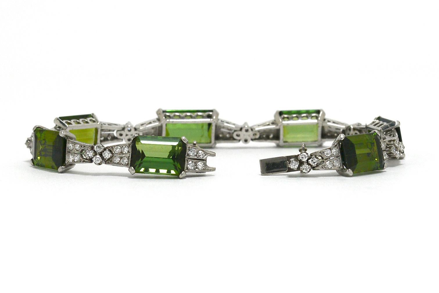 Women's Art Deco Green Tourmaline Bracelet Platinum Diamonds Over 33 Carats Total