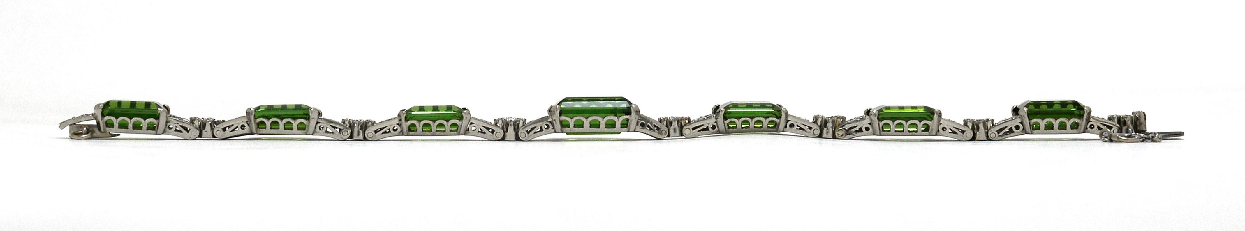 Art Deco Green Tourmaline Bracelet Platinum Diamonds Over 33 Carats Total 1