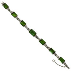 Art Deco Green Tourmaline Bracelet Platinum Diamonds Over 33 Carats Total