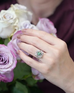 Diamond Emerald Deco Art Style Floral Ring in 14K White Gold