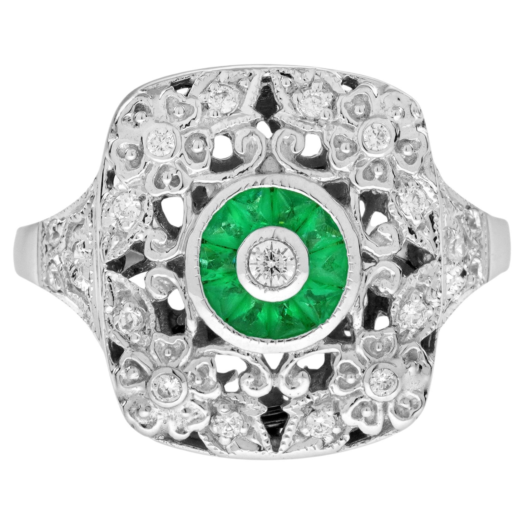 Diamond Emerald Deco Art Style Floral Ring in 14K White Gold For Sale