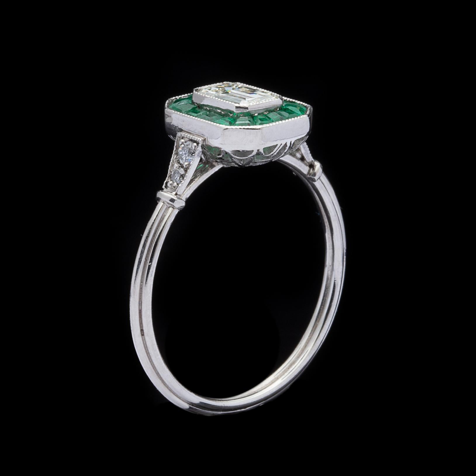 Emerald Cut Diamond and Emerald Deco Style Ring