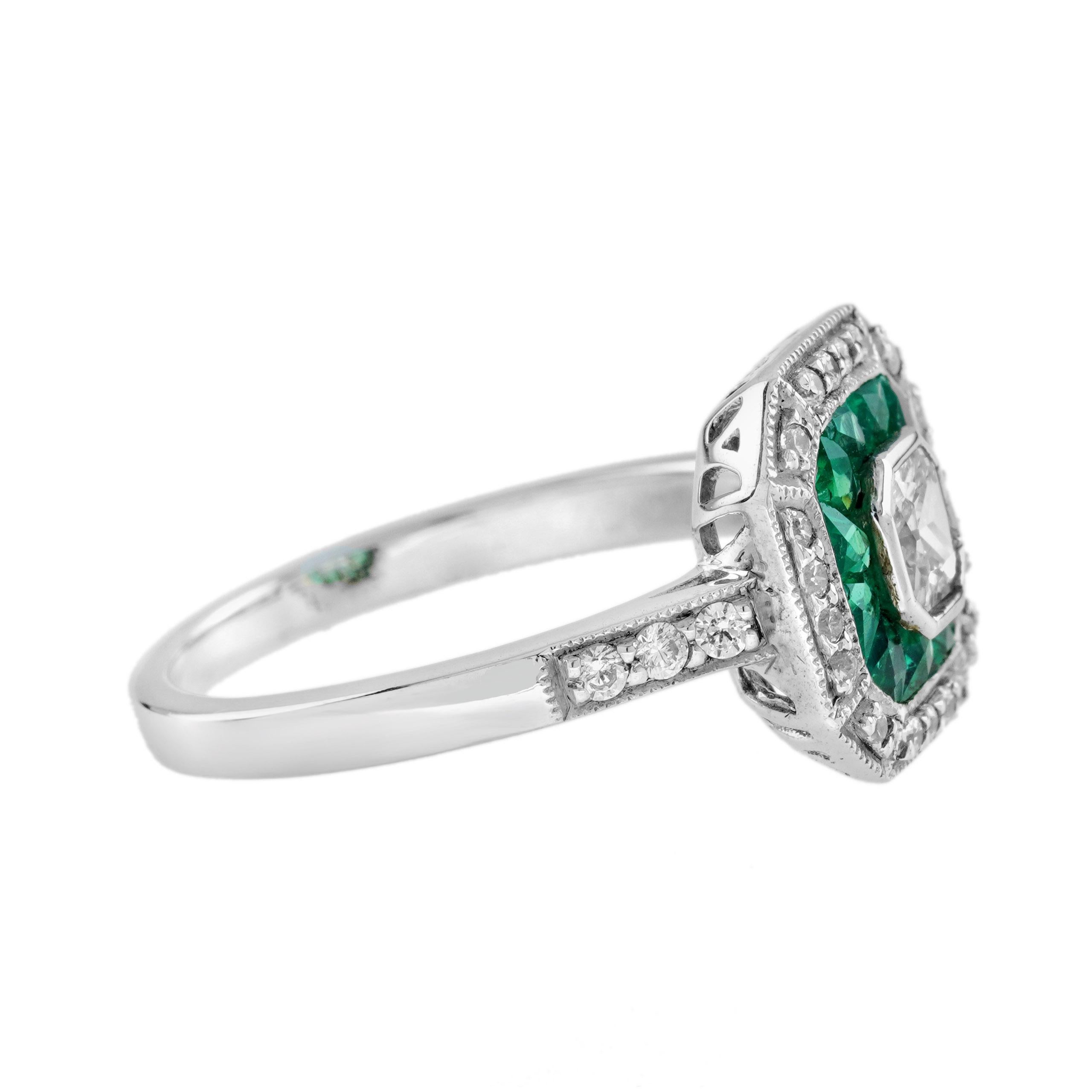 Anillo de oro blanco de 14 quilates con doble halo de diamantes y esmeraldas estilo Art Decó y forma Asscher Corte Asscher en venta