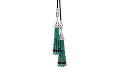 Diamond Emerald Double Tassel Black Chord Necklace