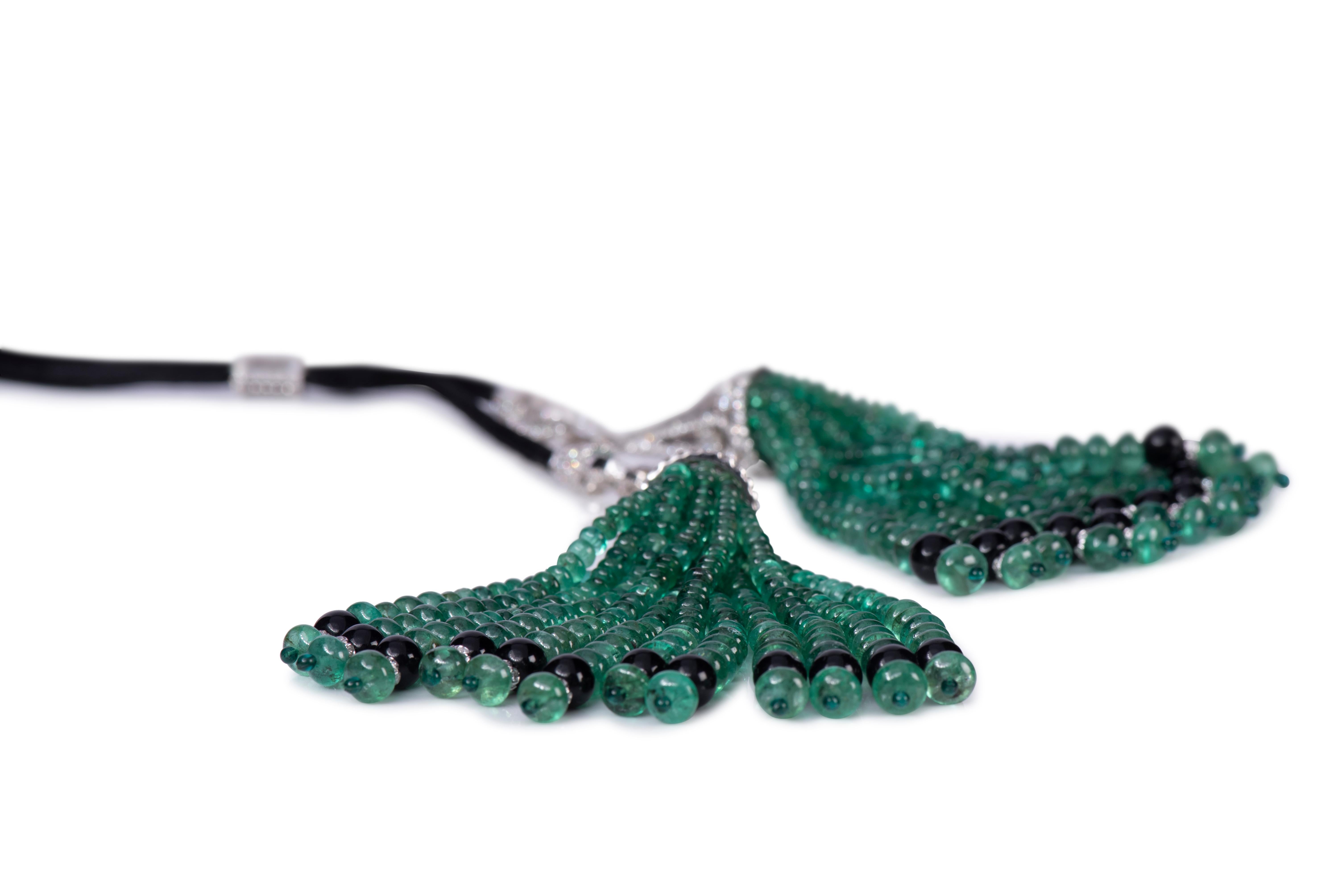 Art Deco Diamond Emerald Double Tassel Black Chord Necklace For Sale