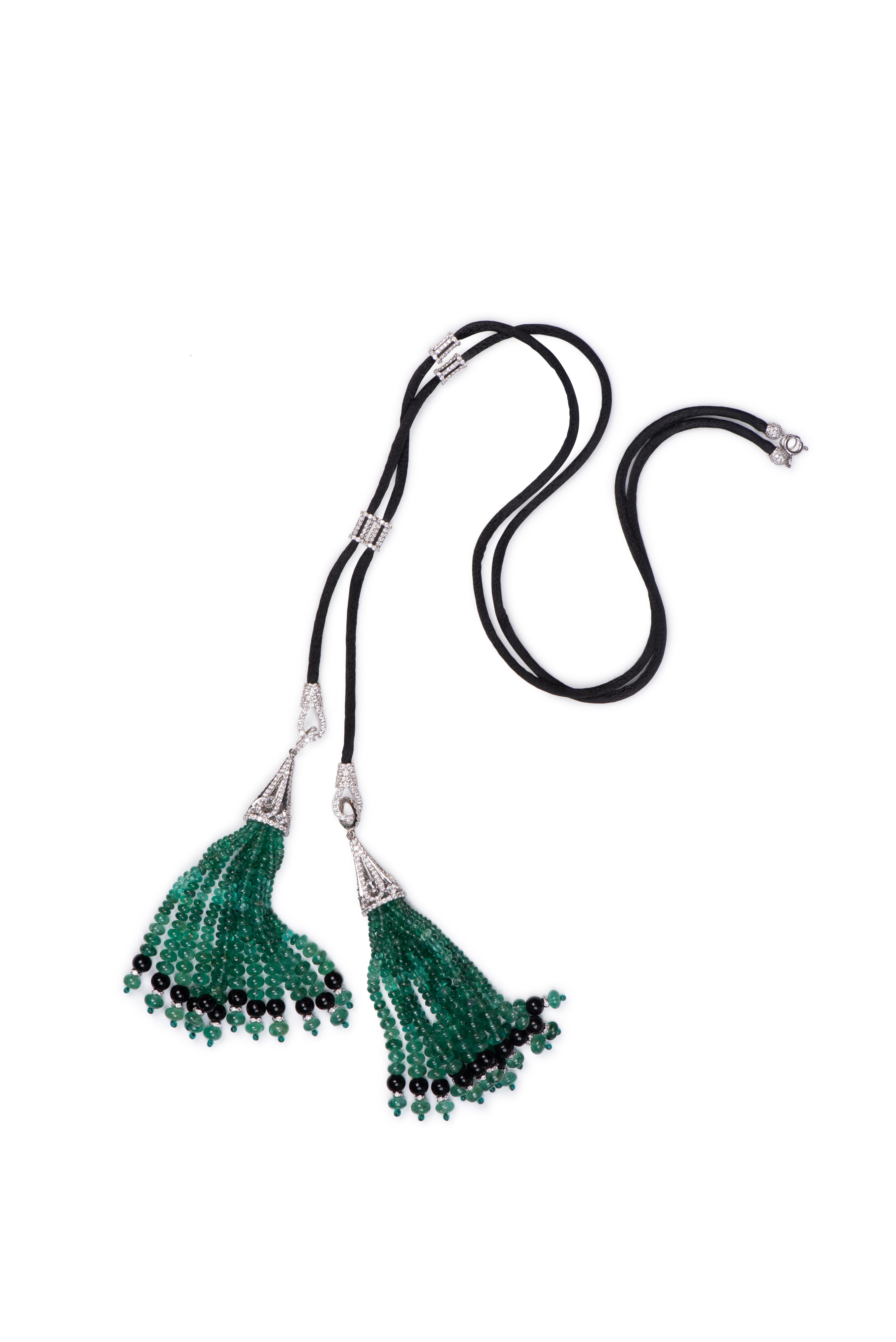 Round Cut Diamond Emerald Double Tassel Black Chord Necklace For Sale