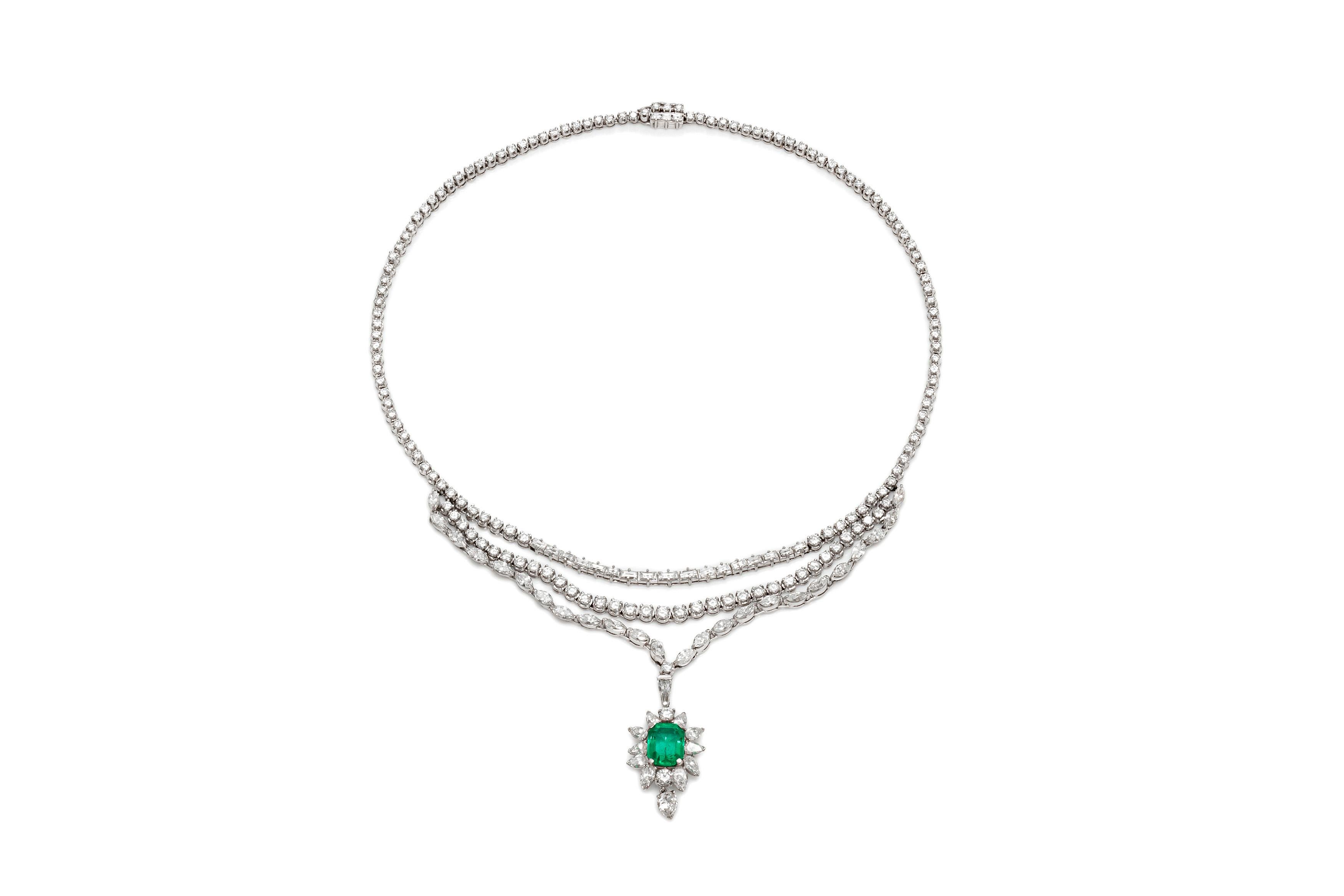 Women's Diamond Emerald Drop Necklace For Sale