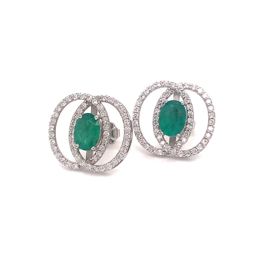 Diamond Emerald Earrings 14k White Gold 2.16 TCW Certified In New Condition For Sale In Brooklyn, NY