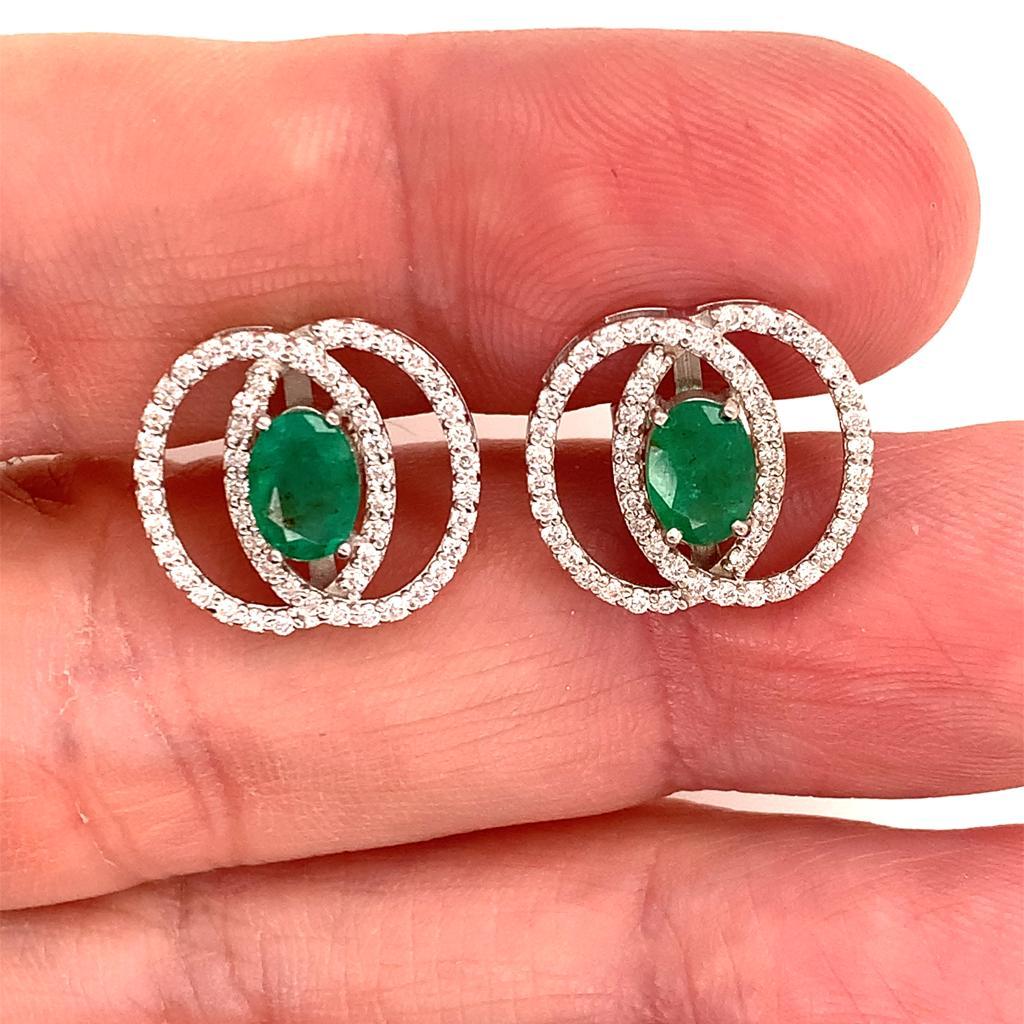 Diamond Emerald Earrings 14k White Gold 2.16 TCW Certified For Sale 1