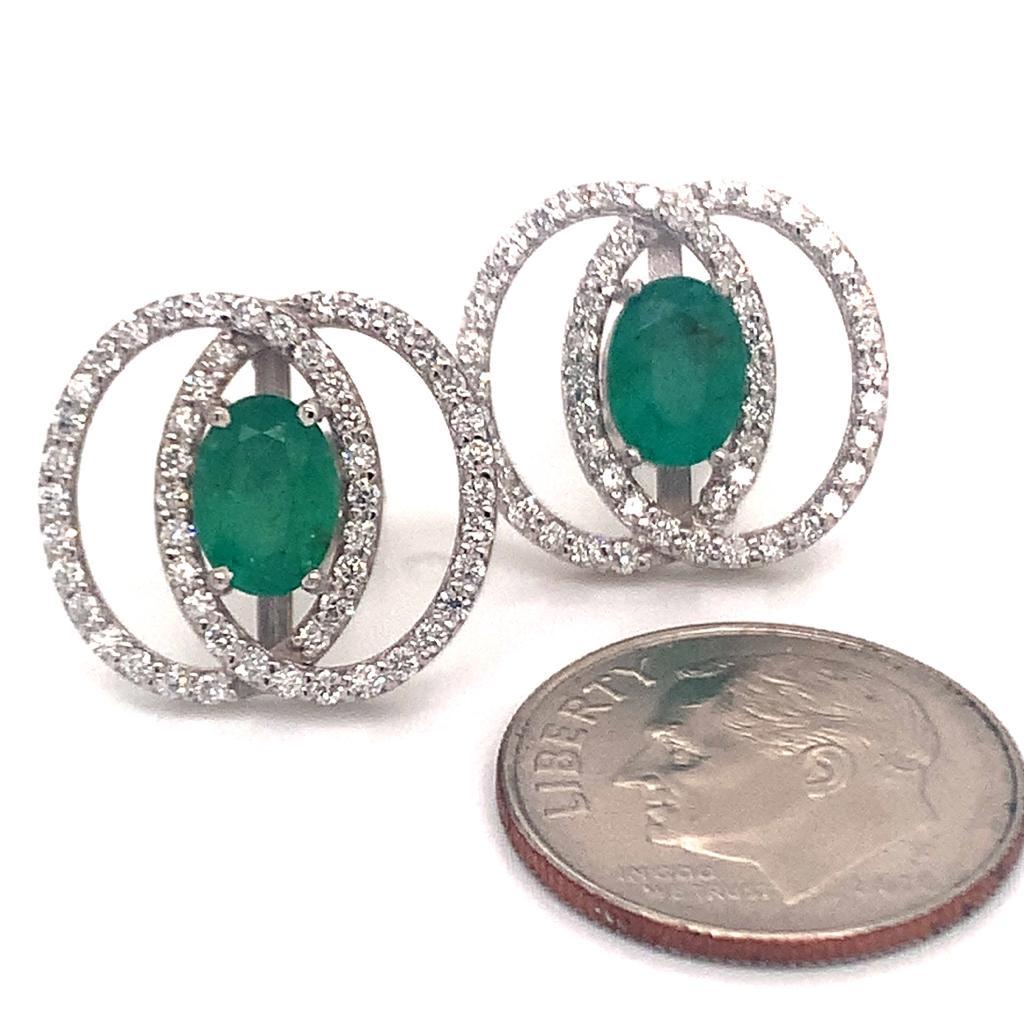 Diamond Emerald Earrings 14k White Gold 2.16 TCW Certified For Sale 3