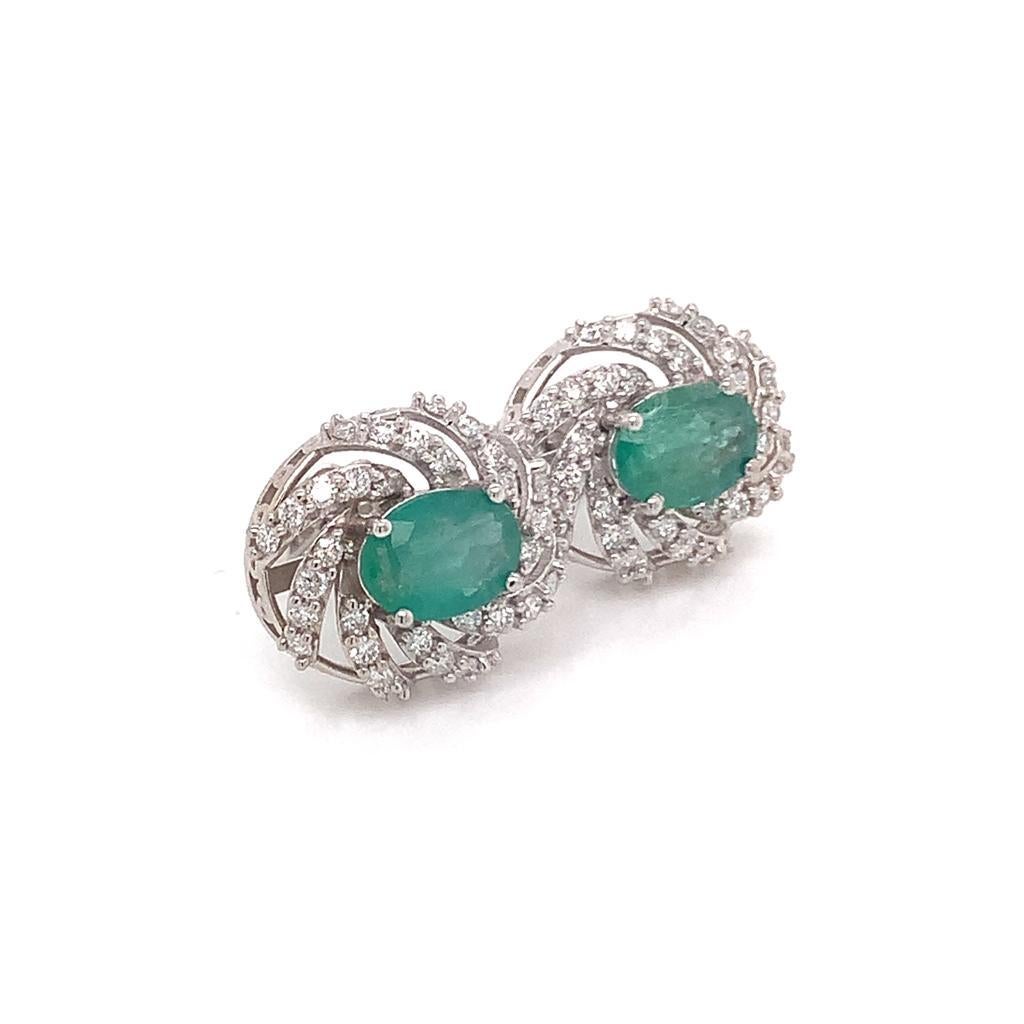 Diamond Emerald Earrings 14 Karat White Gold 2.17 TCW Certified For Sale 8