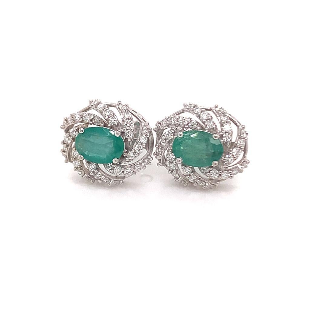 Oval Cut Diamond Emerald Earrings 14 Karat White Gold 2.17 TCW Certified For Sale