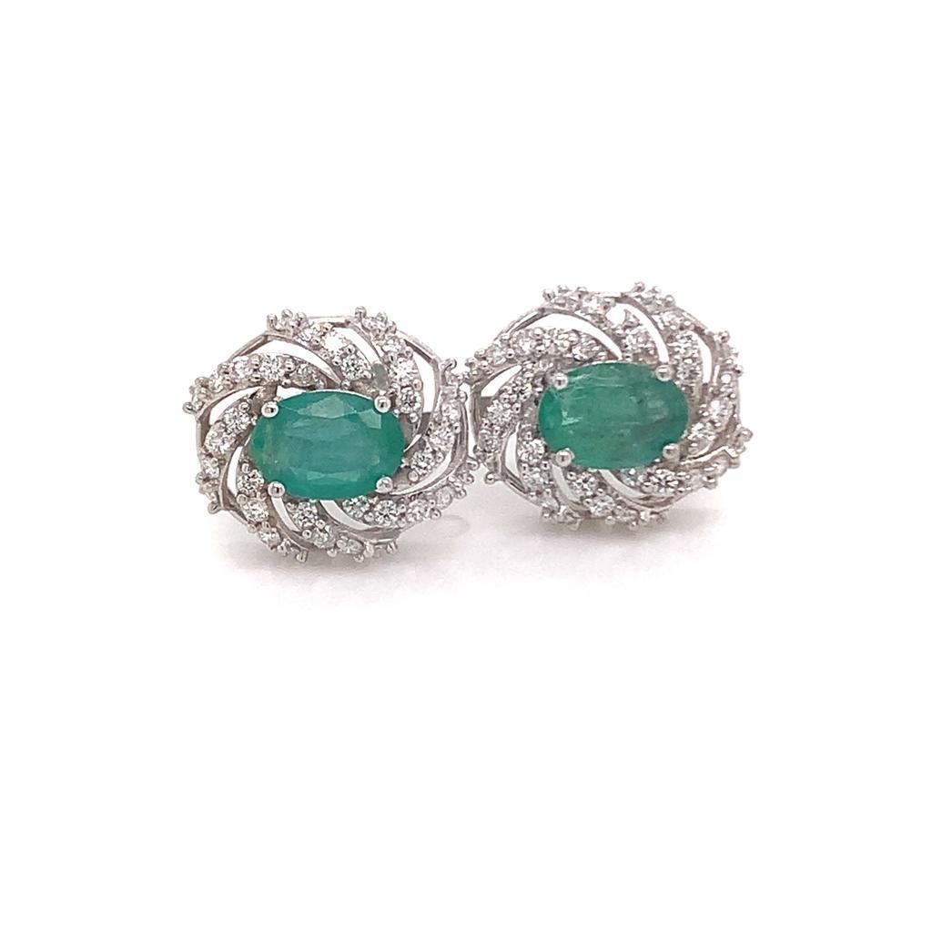 Diamond Emerald Earrings 14 Karat White Gold 2.17 TCW Certified For Sale 2