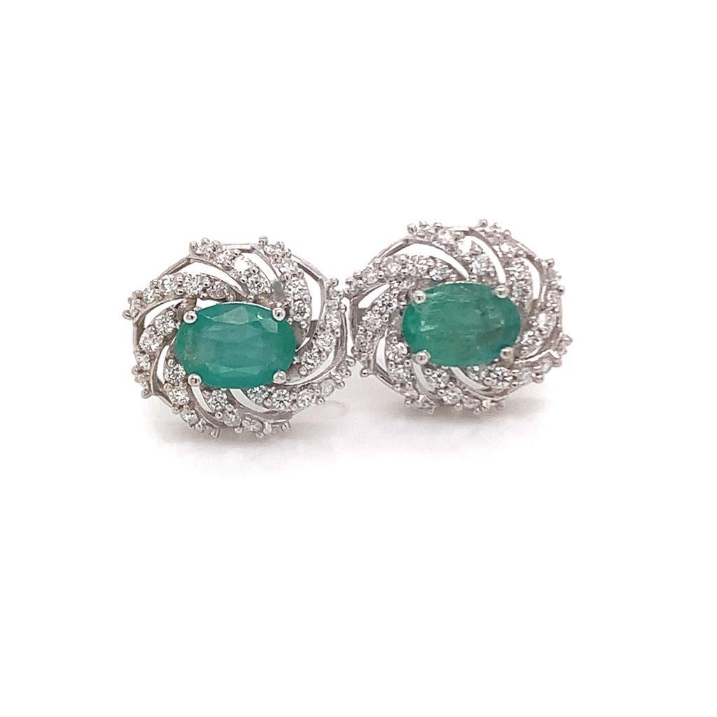 Diamond Emerald Earrings 14 Karat White Gold 2.17 TCW Certified For Sale 4