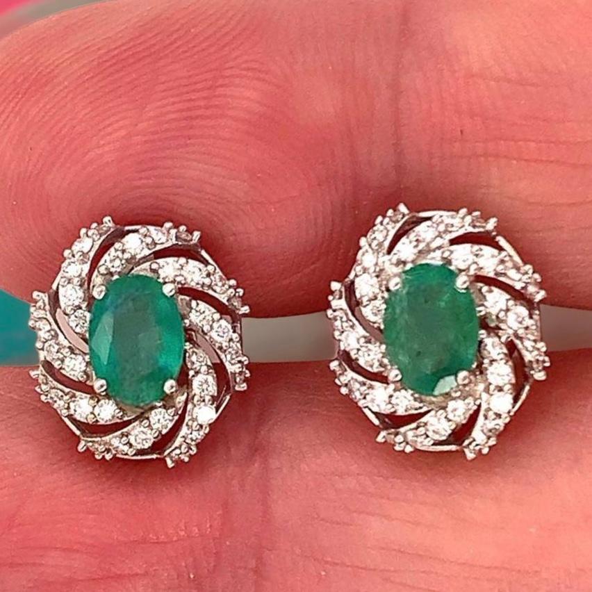 Diamond Emerald Earrings 14 Karat White Gold 2.17 TCW Certified For Sale 6