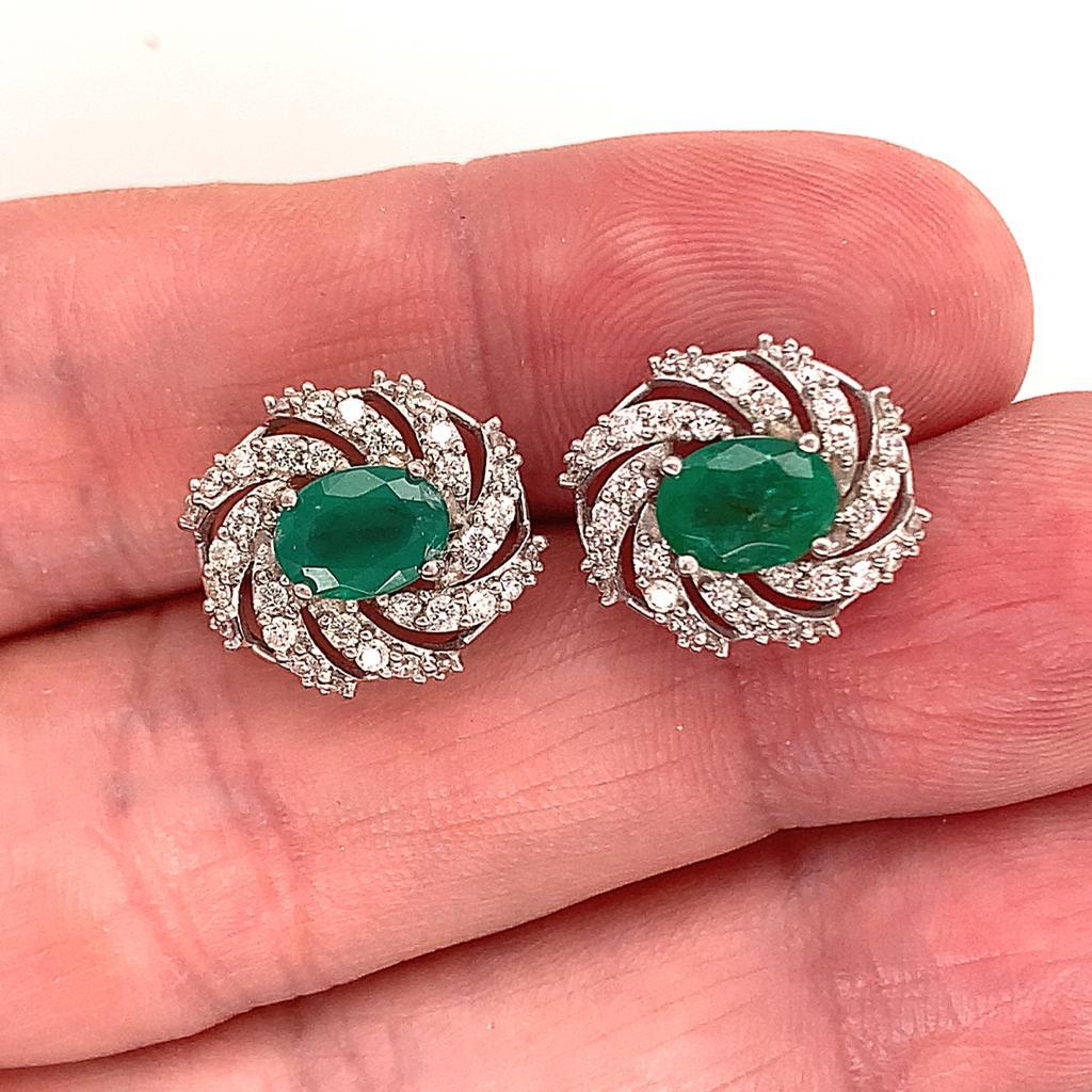 Oval Cut Diamond Emerald Earrings 14 Karat White Gold 4.05 TCW Certified For Sale