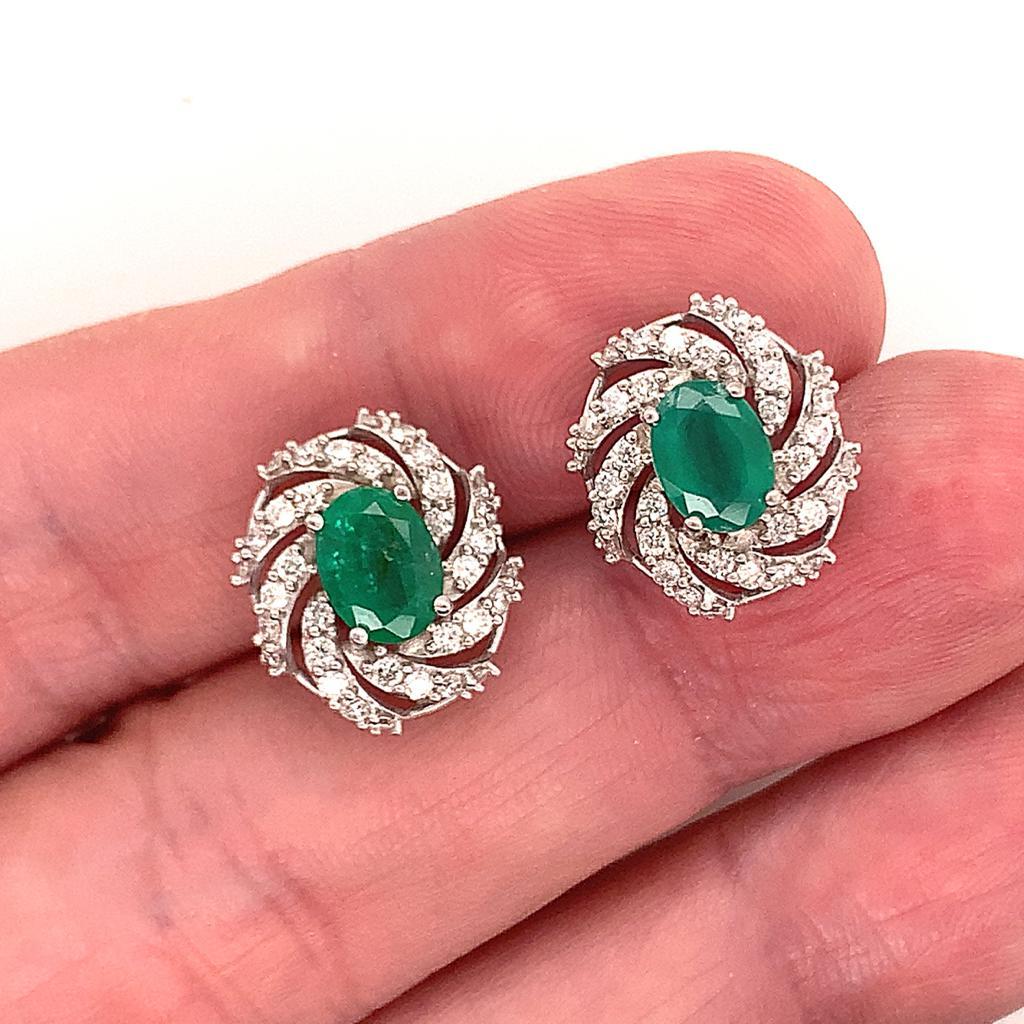 Diamond Emerald Earrings 14 Karat White Gold 4.05 TCW Certified For Sale 4