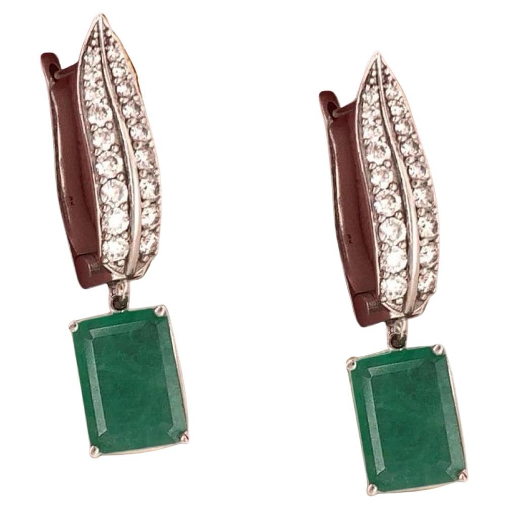 Diamond Emerald Earrings 4.86 TCW 14k White Gold Certified For Sale
