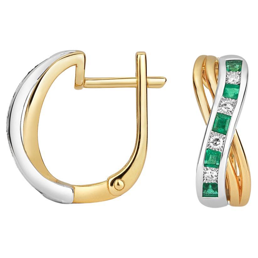 DIAMOND & EMERALD Earrings CROSSOVER HOOPS Princess Cut IN 9CT GOLD For Sale