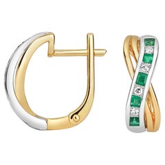 DIAMOND & EMERALD Earrings CROSSOVER HOOPS Princess Cut IN 9CT GOLD