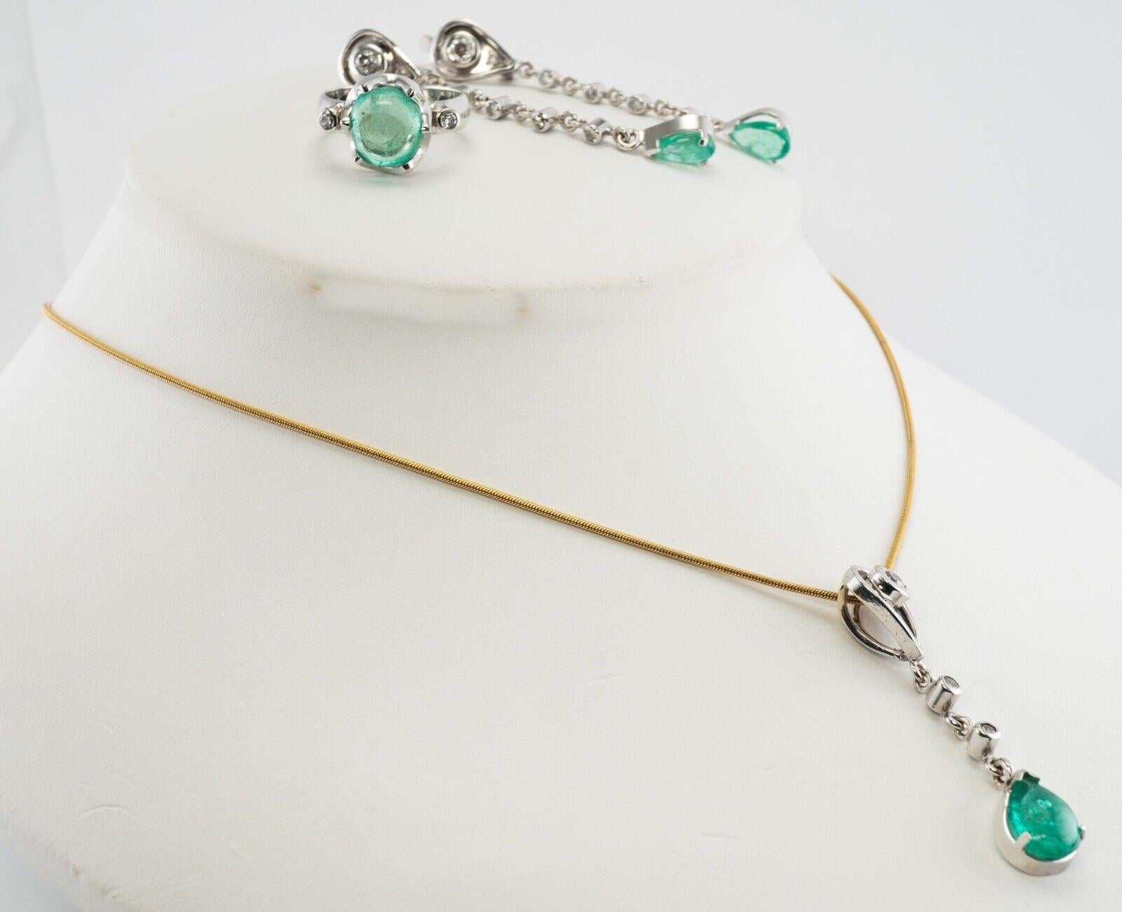 Diamond Emerald Earrings Ring Pendant Set 18K White Gold For Sale 6