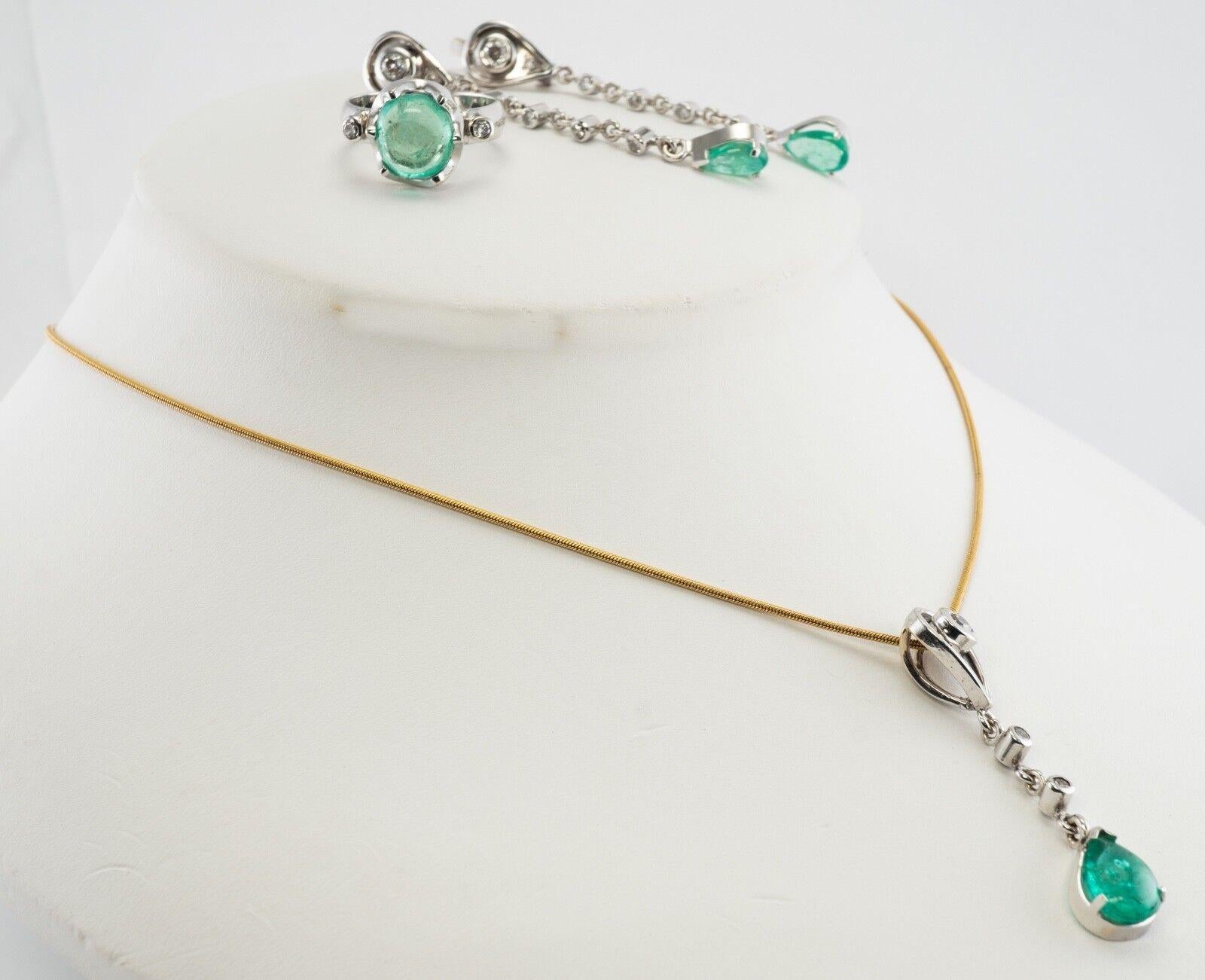 Diamond Emerald Earrings Ring Pendant Set 18K White Gold For Sale 7