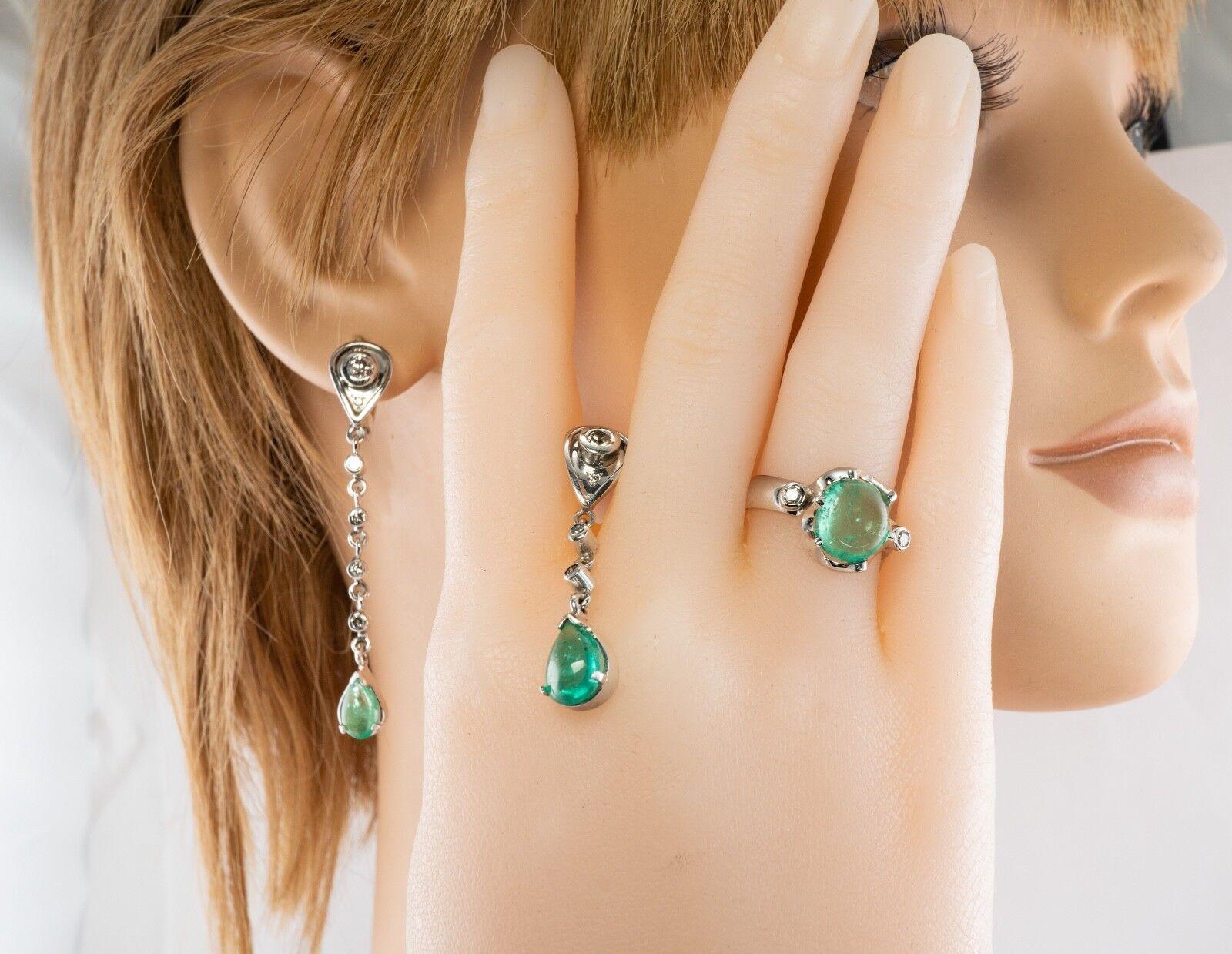 Cabochon Diamond Emerald Earrings Ring Pendant Set 18K White Gold For Sale