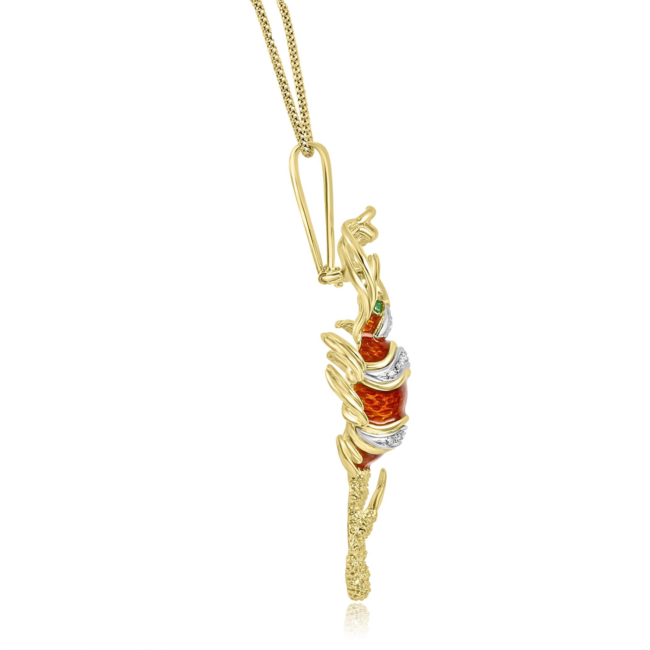 Art Deco Diamond, Emerald, & Enamel 18 Karat Yellow Gold Scorpion Luxury Brooch Pendant For Sale