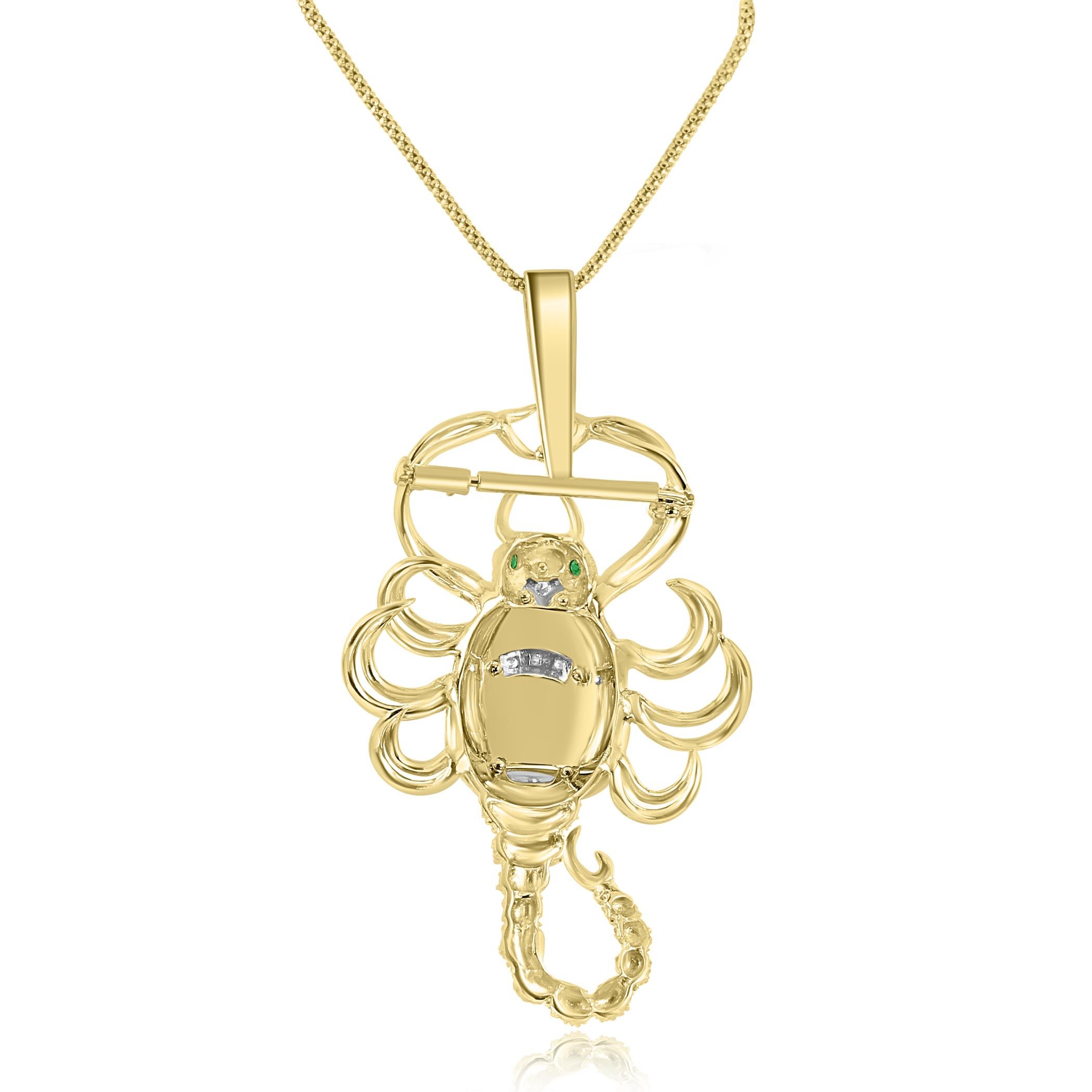 Round Cut Diamond, Emerald, & Enamel 18 Karat Yellow Gold Scorpion Luxury Brooch Pendant For Sale
