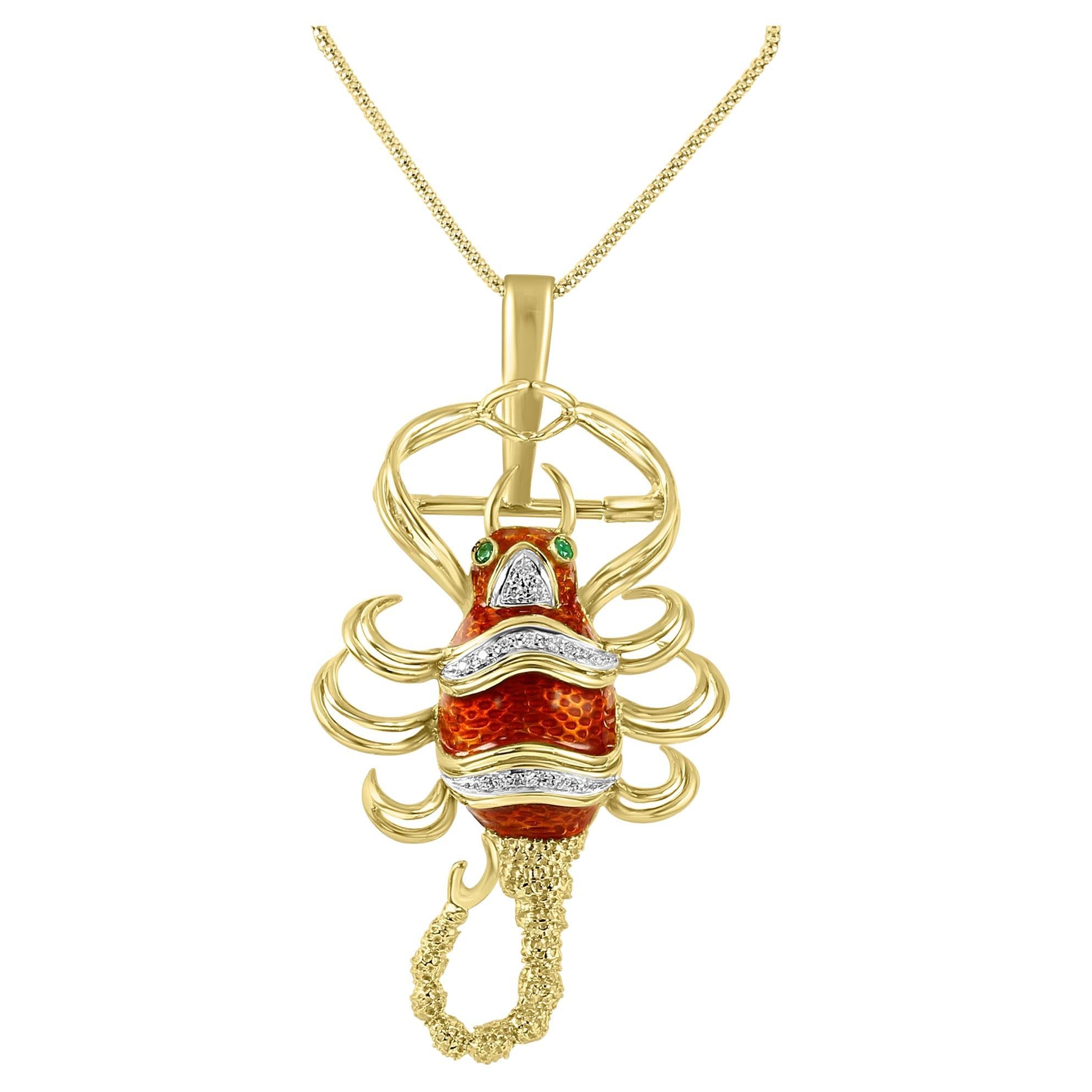 Colgante Broche Escorpión de Lujo en Oro Amarillo de 18 Kilates con Diamantes, Esmeraldas y Esmalte