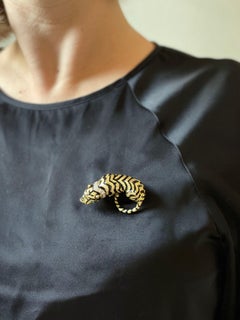 Diamond Emerald Enamel Gold Crouching Tiger Brooch