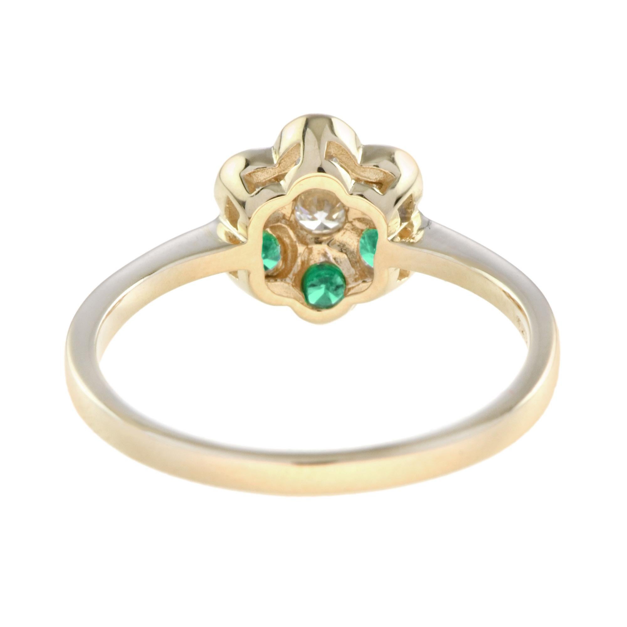 Round Cut Diamond & Emerald Floral Cluster Two Tone Gold Ring For Sale