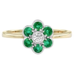 Diamond & Emerald Floral Cluster Two Tone Gold Ring